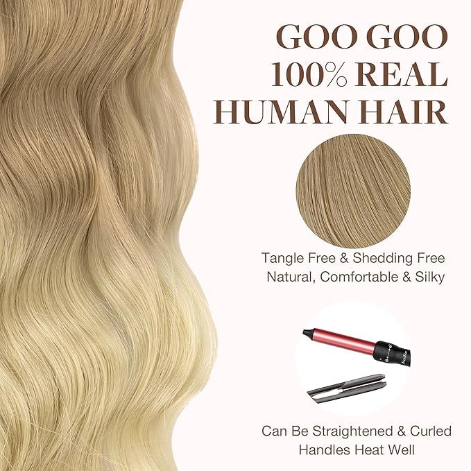 GOO GOO Tape in Hair Extensions Human Hair, O18G/22G Ombre Beige Blonde with Ash Highlights, 20inch 50g 20pcs, Skin Weft Seamless Invisible, Silky Straight with Thick Ends, Remy Human Hair
