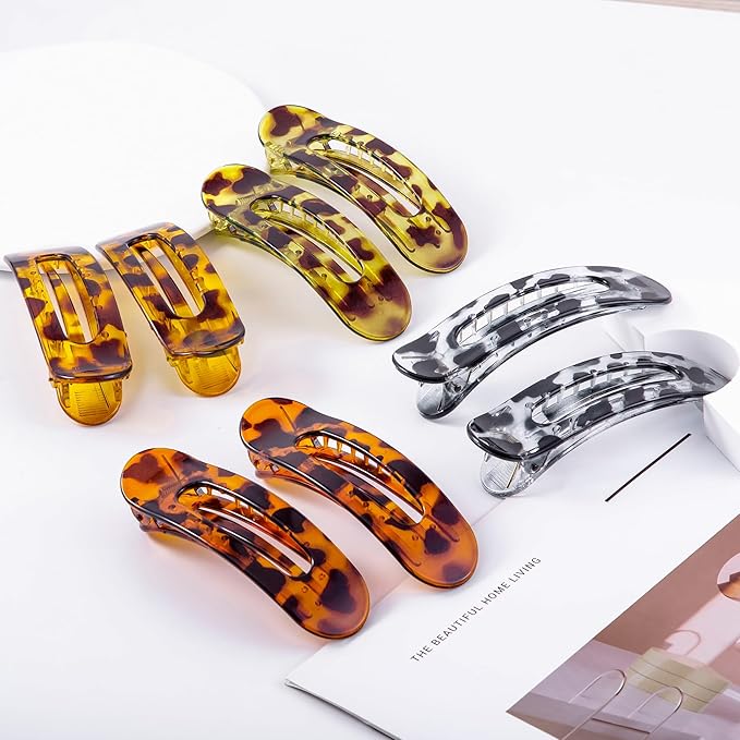 8 Pcs Large Lay Flat Claw Clips for Women French Side Slide Barrettes for Thin Fine Hair Rectangle Alligator Hair Accessories,Bright Tortoiseshell