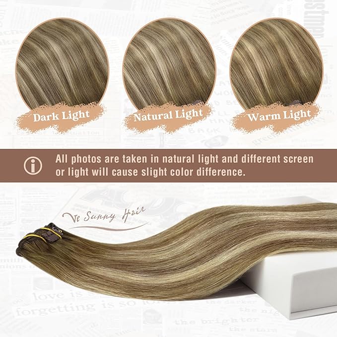 Ve Sunny Human Hair Clip in Extensions Brown Balayage Real Hair Extensions Clip in Human Hair Ombre Brown with Blonde Clip in Hair Extensions Real Human Hair 5pcs 12in 80g