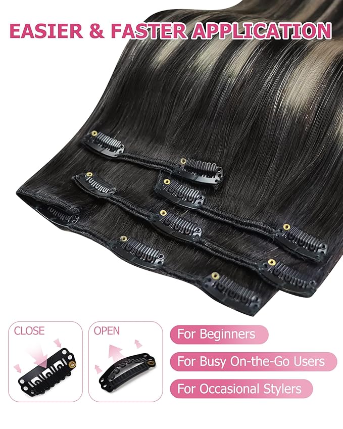 YoungSee Clip in Human Hair Extensions Black Silver Human Hair Clip in Extensions Natural Black Roots to Silver Hair Extensions Clip ins for Short Hair 12Inch 85G 7Pcs