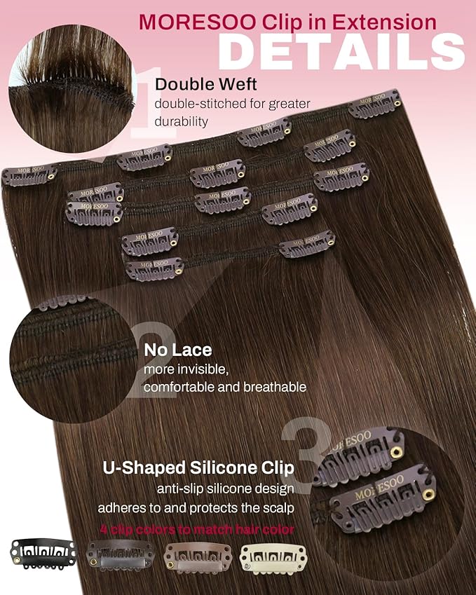 Moresoo Clip in Hair Extensions Remy Double Weft Human Hair Clip in Extensions Straight Hair Extensions for Women Medium Brown #4 5pcs 80g 10inch