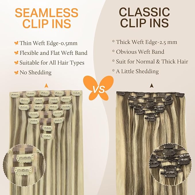 DOORES Human Hair Clip in Extensions, Light Brown Highlighted Medium Blonde14 Inch 130g 9pcs, Silky Straight Thick Extensions