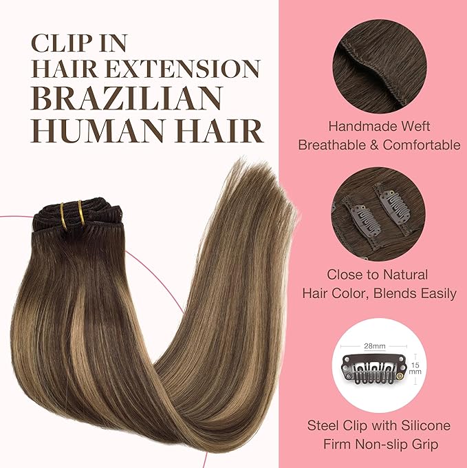 GOO GOO Clip in Hair Extensions Real Human Hair, Remy Human Hair Extensions Clip ins for Women, Natural Human Hair, 26inch 135g 7Pcs, 4/27/4 Balayage Chocolate Brown to Caramel Blonde