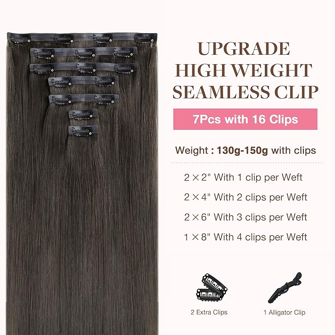 GOO GOO Clip in Hair Extensions Real Human Hair, Remy Human Hair Extensions Clip ins for Women, Natural Human Hair, 24inch 160g 7Pcs, 1C Mocha Brown