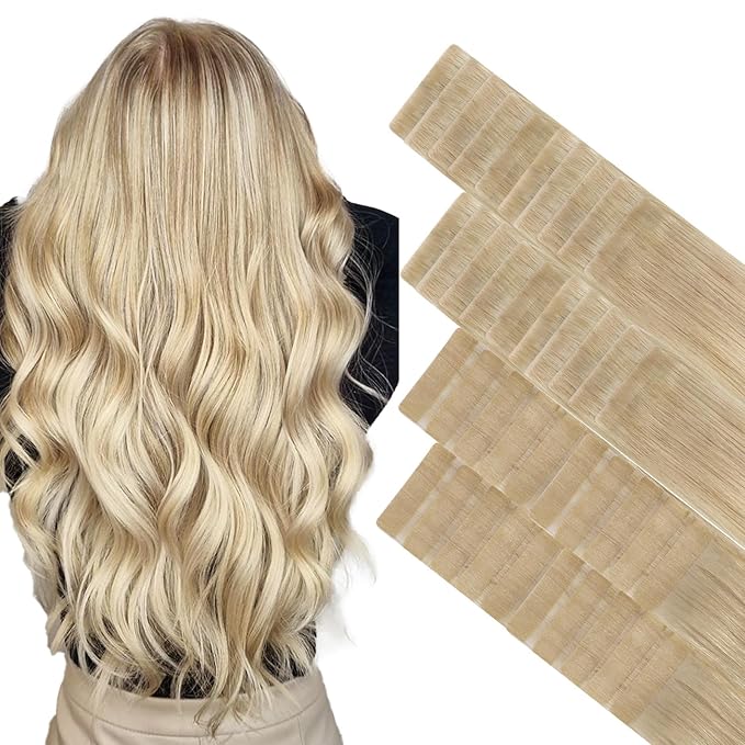 GOO GOO Invisi Edge Tape in Hair Extensions Human Hair, 18ET90A Natural Blonde Balayage 20pcs injected with 20pcs classical tape ins, 22inch 100g, Virgin Remy Hair, Natural Look