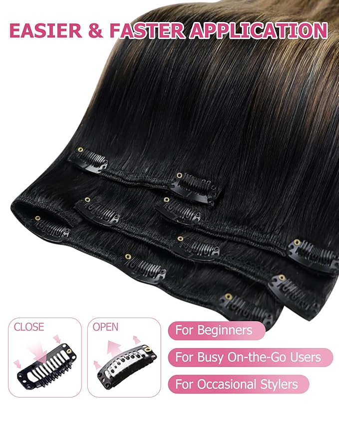 YoungSee 150G Clip in Hair Extensions Balayage Real Human Hair Extensions Clip ins Black Roots to Brown with Caramel Blonde Clip in Extensions Long Straight Hair 22Inch 7Pcs