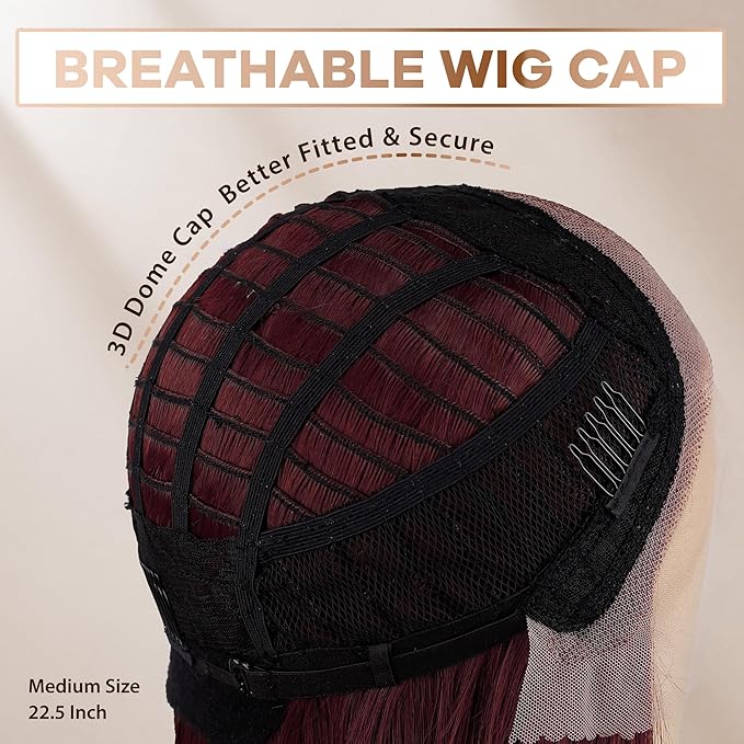 BLL Burgundy Wig, Synthetic Lace Front Ready to Wear Glueless Pre Plucked 13x4 Straight HD Lace 99j Wigs 26 Inch For Black Women Suitable For Everyday Wear