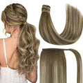 Ve Sunny Hair Extensions Ponytail Real Human Hair Wrap Around Clip in Ponytail Hair Extensions Straight Extensions Human Hair for Women Walnut Brown Ombre Light Brown Balayage Blonde 20inch 80G