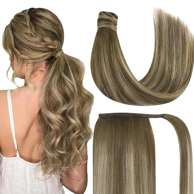 Ve Sunny Hair Extensions Ponytail Real Human Hair 80G Wrap Around Clip in Ponytail Hair Extensions Straight Extensions Human Hair for Women Walnut Brown Ombre Light Brown Balayage Blonde 14inch