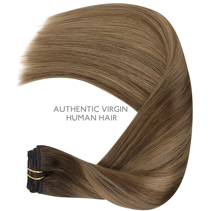 WENNALIFE Clip in Hair Extensions - Real Human Hair, 22 Inch 120g 7pcs, Light Ash Brown to Warm Chocolate Highlighted Caramel Blonde