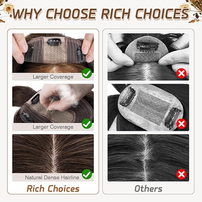 Rich Choices Real Human Hair Toppers for Women With Bang 100% Remy Human Hair Topper for Thinning Hair Clip in Silk Base Hair Topper 6 Inch #2 Dark Brown