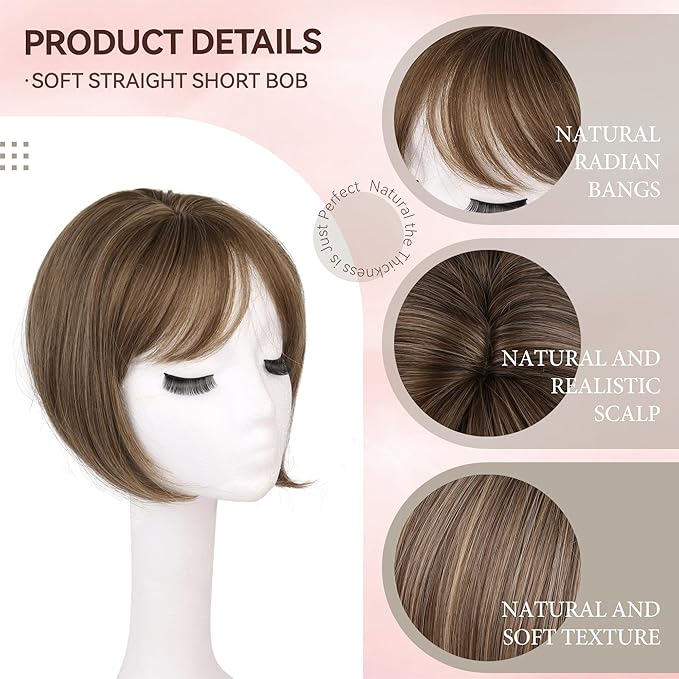LEEONS Hair Toppers for Women with Bangs Short Bob Synthetic Pieces for Thinning Hair Side Part (Brown with Highlights)