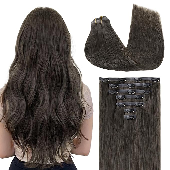 GOO GOO Clip in Hair Extensions Real Human Hair, Remy Human Hair Extensions Clip ins for Women, Natural Human Hair, 20inch 110g 7Pcs, 1C Mocha Brown