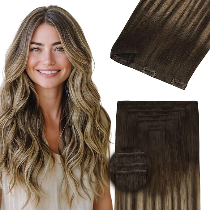 DOORES Invisible Clip in Hair Extensions 14 inch 130g 9pcs, Real Human Hair Invisi Edge Clip in Extensions, Virgin PU Clipins Straight Thickening Hairstyle, 4/27/4 Chocolate Brown to Caramel Blonde