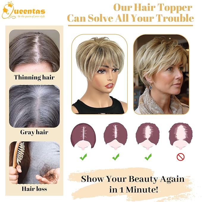QUEENTAS Blonde Hair Topper for Women with Thinning Hair 6.5"*6"Large Coverage Short Synthetic Pieces with 5 Clips in Wiglets(Ombre Blonde)