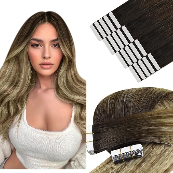YoungSee Tape in Hair Extensions Real Human Hair Brown Balayage Tape in Hair Extensions Human Hair Dark Brown Ombre Blonde Tape-on Hair Extension Seamless Tapein Hair Extensions 50g 20pcs 18In