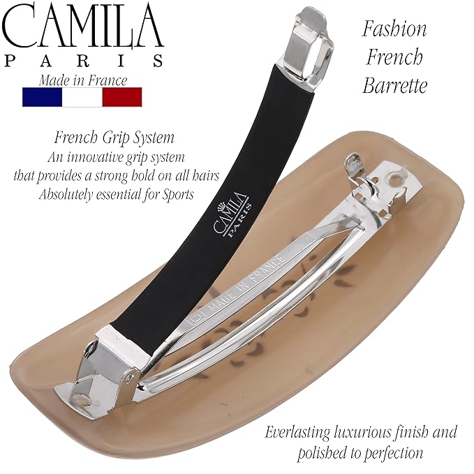 Camila Paris CP3438 French Hair Barrette Clip for Girls, Rubberized Automatic Clasp Strong Hold Grip Hair Clips for Women, No Slip and Durable Styling Girls Hair Accessories, Made in France (Beige)