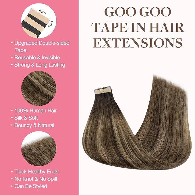 GOO GOO Tape in Hair Extensions Human Hair, 4D/14/5B Brunette Balayage, 18inch 25g 10pcs, Skin Weft Seamless Invisible, Silky Straight with Thick Ends, Remy Human Hair