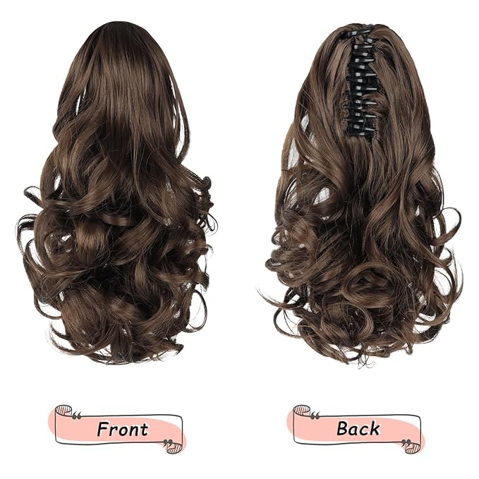 Ponytail Extension, Clip on Ponytails for Women, 12" Claw Clip in Short Curly Wavy Pony Hair Extension for Women - Brown