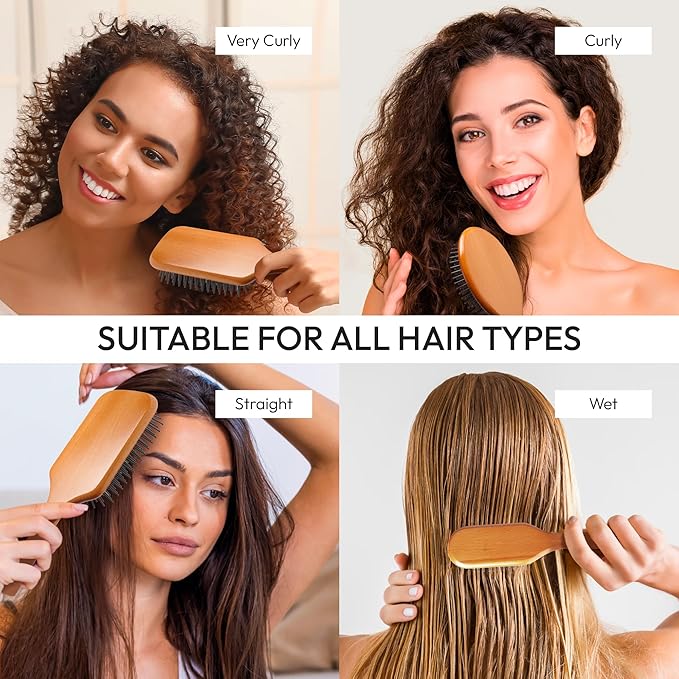RED Premium 100% Evergreen Wooden Detangling Brush - Boar Bristle Paddle with Long Bristles for Thick, Curly, Thin, Wet or Dry Hair (Square) for Long Lasting Shine