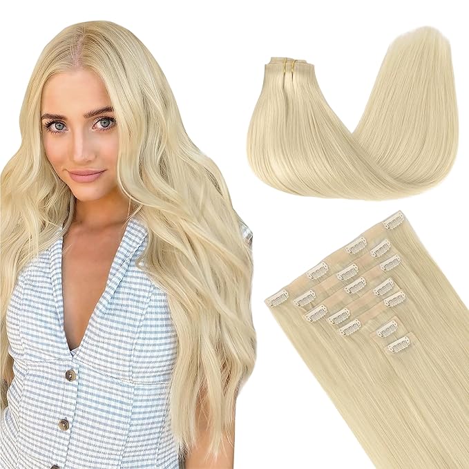 GOO GOO Clip in Hair Extensions Real Human Hair, Remy Human Hair Extensions Clip ins for Women, Natural Human Hair, 24inch 160g 7Pcs, 60A Platinum Blonde