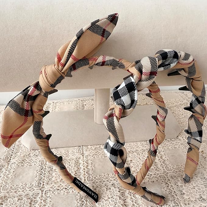 LONEEDY 5PCS Plaid Padded Headband for Women Teen Girls,Vintage Cotton Bow Headbands with Teeth Comb, Zig Zag Hairbands