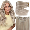 Full Shine Clip in Hair Extensions Real Human Hair 150 G Ash Blonde Highlighted Bleach Blonde Remy Human Hair Extensions Clip ins for Women Natural Human Hair 20 Inch 7 Pcs