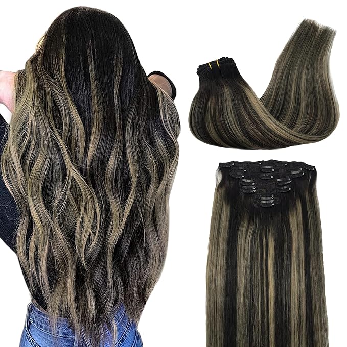 GOO GOO Clip in Hair Extensions Real Human Hair, Remy Human Hair Extensions Clip ins for Women, Natural Human Hair, 22inch 120g 7Pcs, 1B/16/1B Balayage Natural Black to Light Blonde