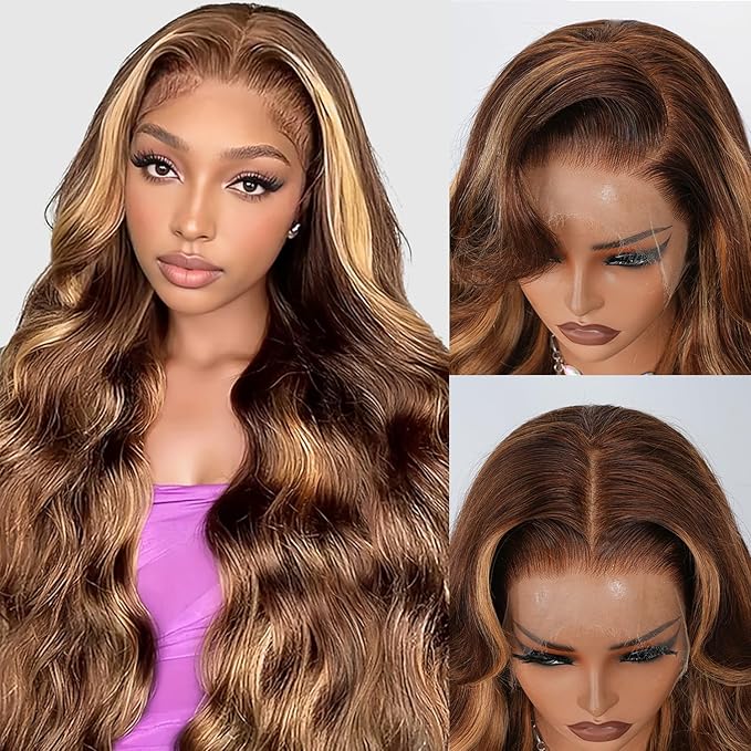 13x4 Full Lace Fronatal Wig Skinlike HD Lace Wig 4/27 Highlight Honey Blond Body Wave Lace Front Wigs Pre Plucked Tiny Knots with Baby Hair 200% Density for Women Body Wave Colored Wig