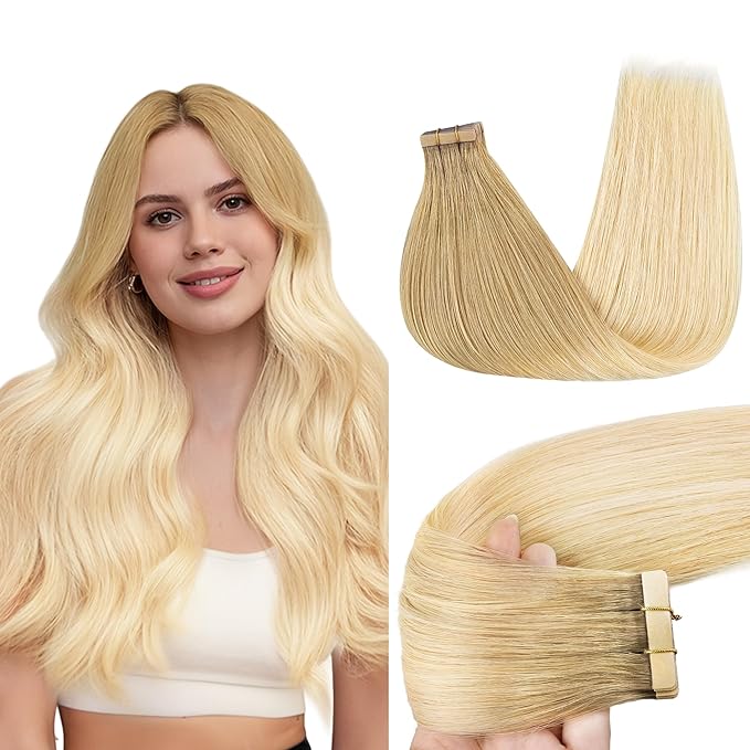 GOO GOO Tape in Hair Extensions Human Hair, O7/60F Ombre Ash Blonde with Frosted Highlights, 16inch 50g 20pcs, Skin Weft Seamless Invisible, Silky Straight with Thick Ends, Remy Human Hair