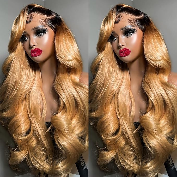 Honey Blonde Lace Front Wigs Human Hair 13x6 Ombre HD Transparent Lace Frontal Wig 12A Body Wave 1B/27 Highlight Lace Front Wigs Glueless Human Hair Wigs for Women Pre Plucked with Baby Hair