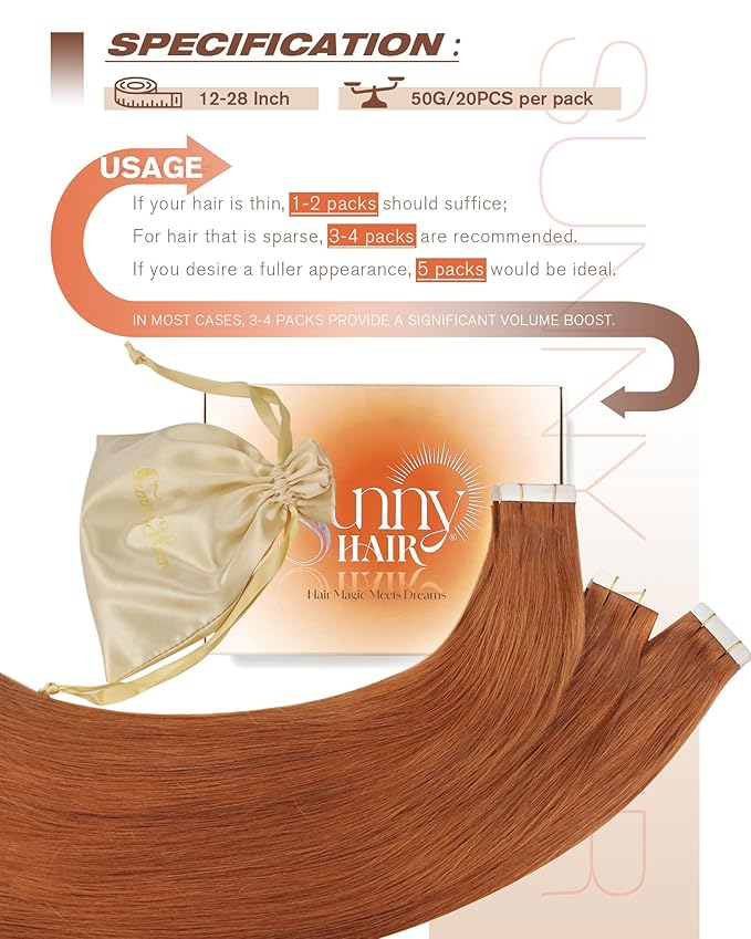 Sunny Hair Tape in Hair Extensions Real Human Hair Invisible Remy Hair Extensions Tape ins for Women Copper Red 24 inch 20Pcs 50G