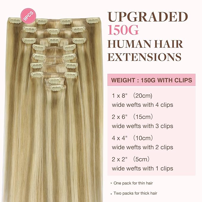 GOO GOO Clip in Hair Extensions Real Human Hair, Remy Human Hair Extensions Clip ins for Women, Natural Human Hair, 24inch 240g 9Pcs, #16/22 Light Blonde Highlighted Golden Blonde