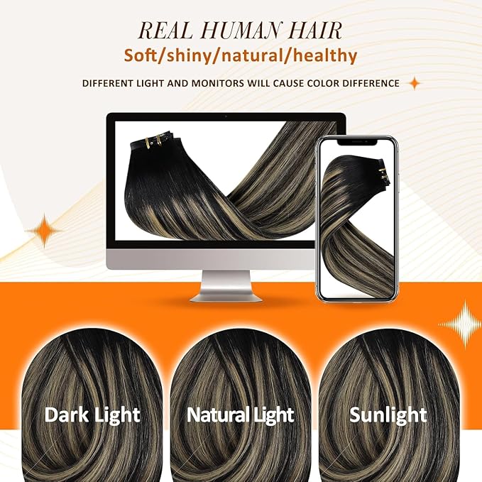 Full Shine Human Hair Clip in Extensions Black Balayage Seamless Clip ins Hair Extension With PU Weft Black Ombre Caramel Blonde Invisible Hair Extension Longevity 20 Inch 120 Grams 8 Pcs