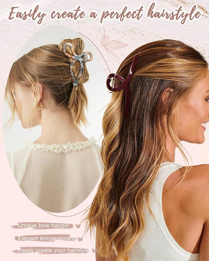 HAIMEIKANG 3 PCs Metal Acrylic Hair Bow Claw Clips - Strong Hold Non-Slip Large Gold Clips for Thick Hair