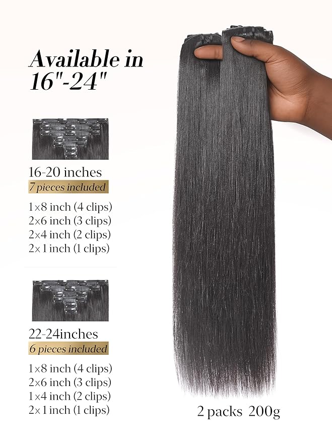 LUVME 0.59mm Zero Trace Invisible Clip in Hair Extensions, Yaki Straight 2 Pack 7 Pcs 100g 18 Inch, 100% Real Human Hair Clip Ins, Invisible Multi Piece System, Comfortable Wear for School & Work