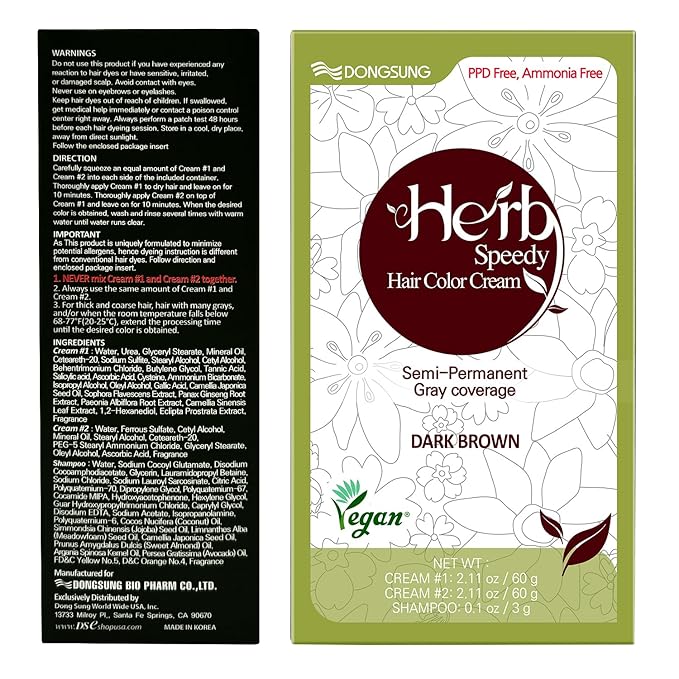 Dongsung Herb Speedy Color Cream(Dark Brown) – Korean Herbal Vegan Hair Dye, PPD-Free, Ammonia-Free, Hypoallergenic – 100% Gray Coverage, Odorless, Dermatologically Tested, Quick 20-Minute Application