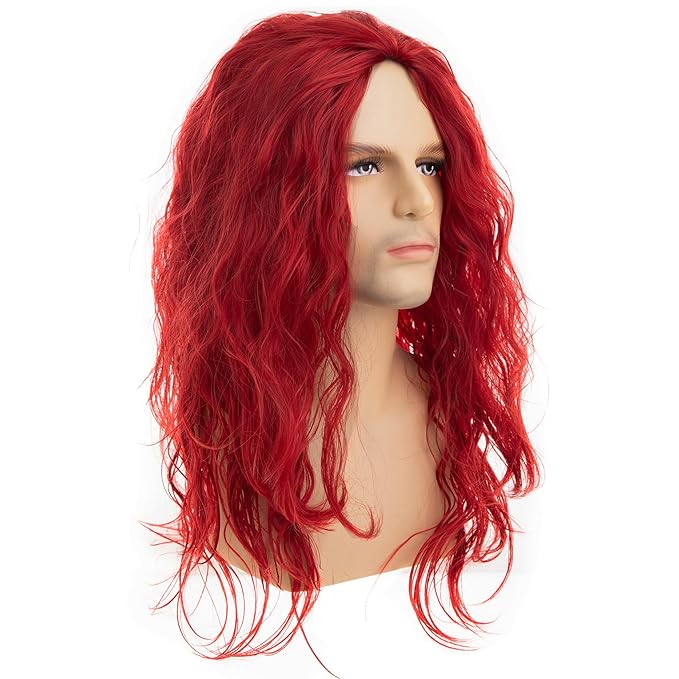 Baruisi Long Curly Wavy Red Wigs for Men Synthetic Natural Party Halloween Cosplay Hair Wig