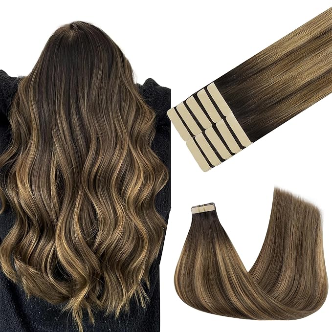 GOO GOO Tape in Hair Extensions Human Hair, 4D/14/5B Brunette Balayage, 14inch 25g 10pcs, Skin Weft Seamless Invisible, Silky Straight with Thick Ends, Remy Human Hair
