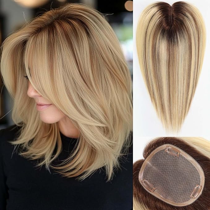 starluck Hair Toppers for Women Real Human Hair,6"*5.5"MONO Large Base, Real HumanHair Toppers for Women with Thinning,65g Hand-moven Topper,Gray Roots,High Volume,Ombre Blonde with Brown Highlight