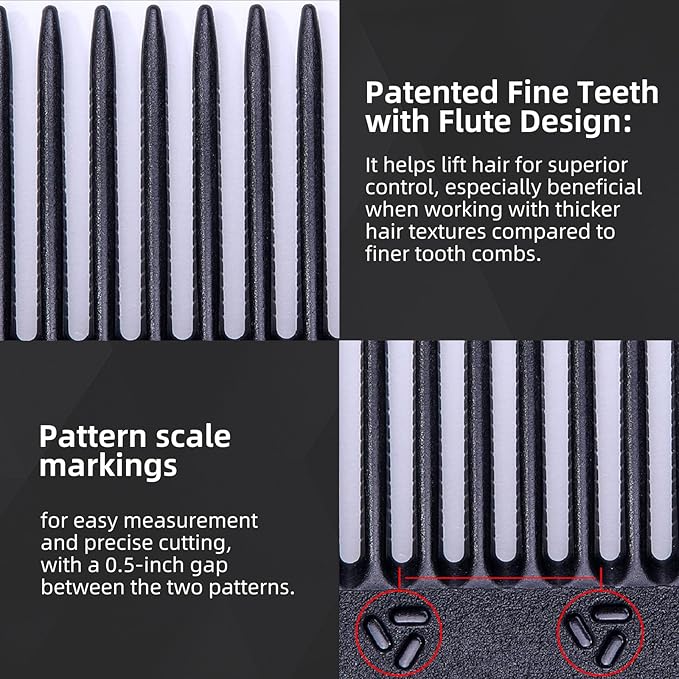 PERFEHAIR 2-Pack Professional Round Tooth Hair Cutting Comb - 7 Inch, Black Carbon Fiber Anti-Static & Heat Resistant, Durable Barber Combs with Fine & Wide Tooth for Precise Haircut for Men & Women