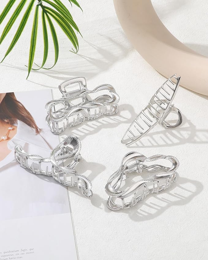 HAIMEIKANG 4 PCs Metal Hair Claw Clips for Women - Irregular Large Hair Clips for Thick Hair Thin Hair Non-Slip Hair Styling Accessories for Women Girls(Silver #3)