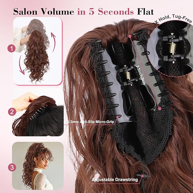 QGZ 20" Wavy Ponytail Extension, Claw Clip Ponytail Hair Extension, Natural Synthetic Hairpiece for Women Daily Use(Light Brown Mixed Blonde)
