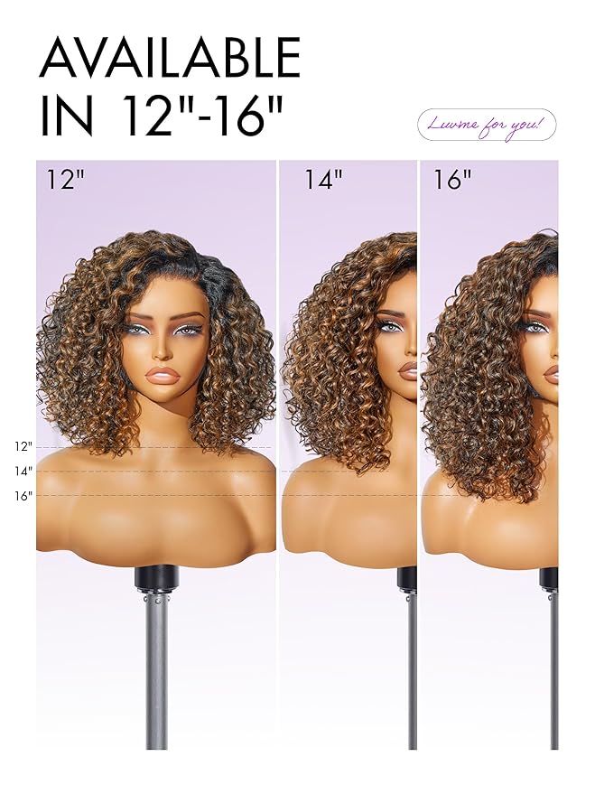 LUVME HAIR 100% Human Hair Wigs Curly Deep Wave Glueless Lace Front 12 Inches Pre Cut Plucked Hd Lace Short Wig Ready To Go Highlight Color Straight Bleached Knots Side Part Black Wigs