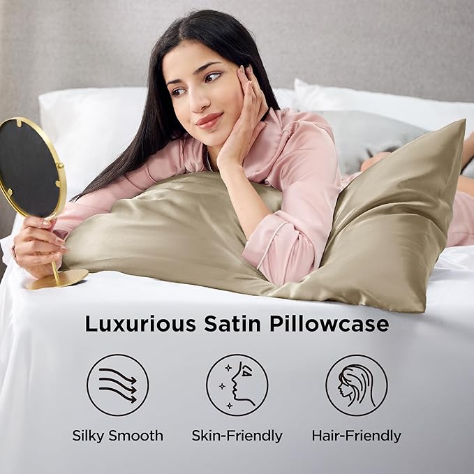 Bedsure King Size Satin Pillowcase Set of 2 - Khaki Silky Pillow Cases for Hair and Skin 20x36 Inches, Pillow Covers with Envelope Closure, Similar to Silk Pillow Cases, Gifts for Women Men