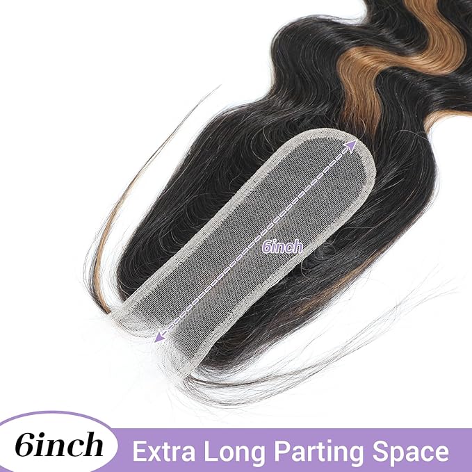 P1B/30 2x6 HD Lace Closure Body Wave Human Hair Highlight Brown Black Color Transparent Lace Closure 2x6 Long Deep Middle Part 100% Raw Virgin Human Hair 20 Inch 150% Density