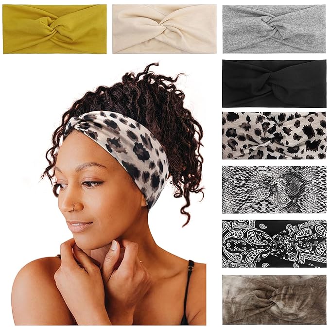 Tobeffect 8 Pack Turban Headbands for Women Non Slip Leopard Print Boho Head Wrap Accessories Elastic Hair Band for Women's Hair