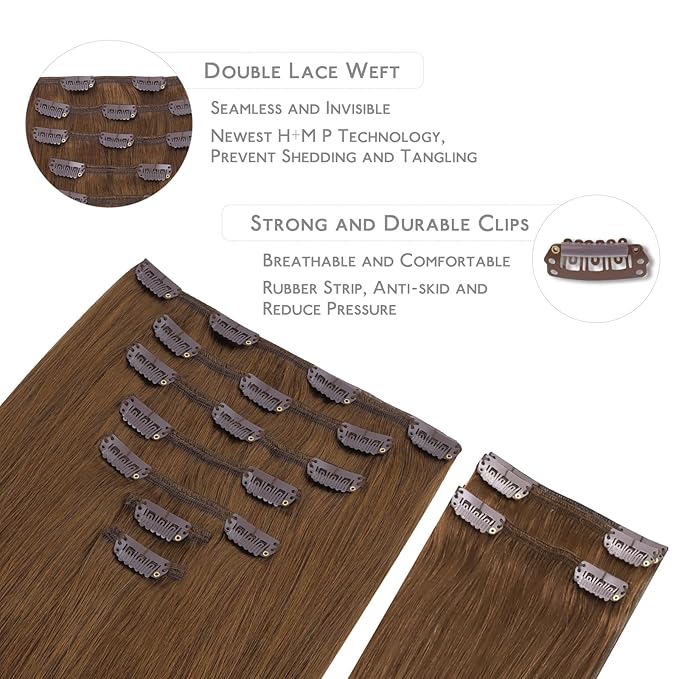 WENNALIFE Clip in Hair Extensions, 150g 16 Inch 9pcs Light Auburn Brown Remy Hair Thicker Double Weft Extensiones De Cabello Humano Con Clip Ins Straight Full Volume