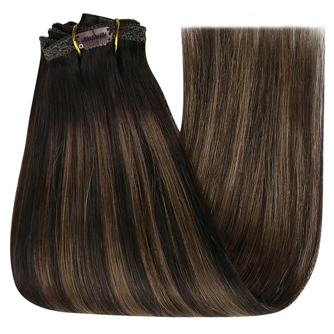 YoungSee Human Hair Clip in Extensions Balayage Human Hair Extensions Clip ins Dark Brown Mix Medium Brown Clip in Extensions Real Human Hair Soft Remy Hair 7Pcs 16In 120G