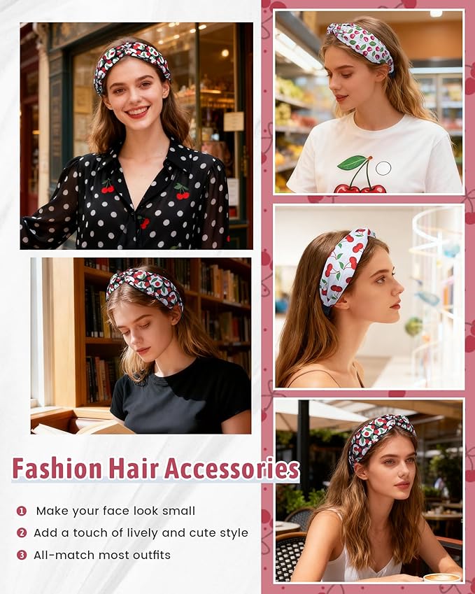 ACECHA 3 Pack Cherry Headbands for Women Girls Fashion, Bunny Ears & Knot Bow Head bands, Stretchy Soft Wide Hair Bands, Cute Hair Accessories Outfits Vacation Gifts Knot Bow B